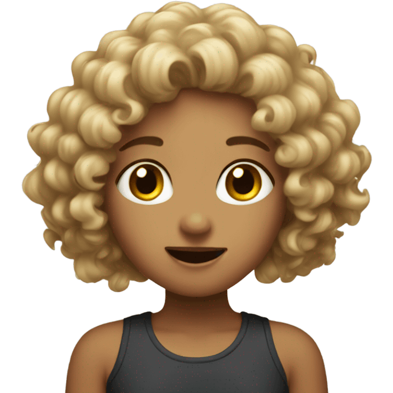 a dark blong, curly hair girl talking with  emoji