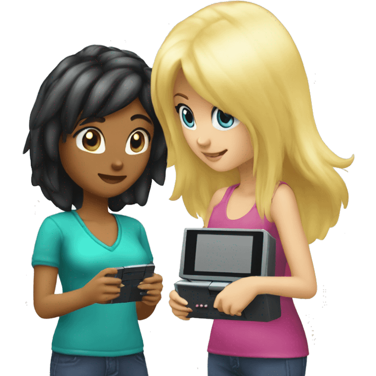  haired blonde and black hair girl playing nintendo ds emoji