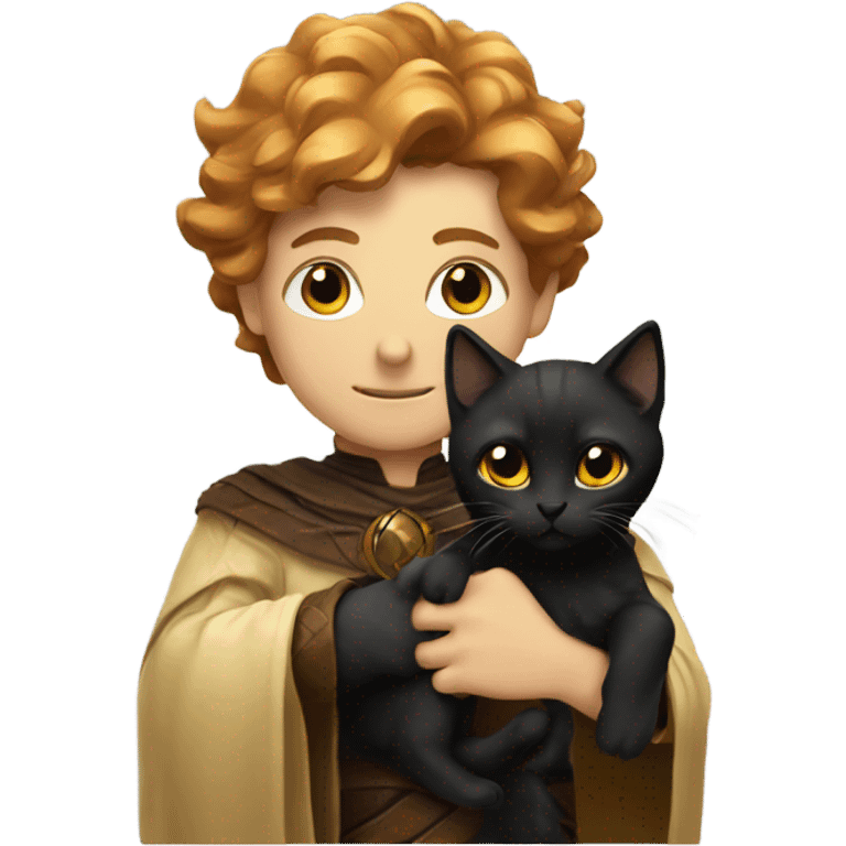 A sun warlock who is pale with brown hair and is holding a black kitten emoji