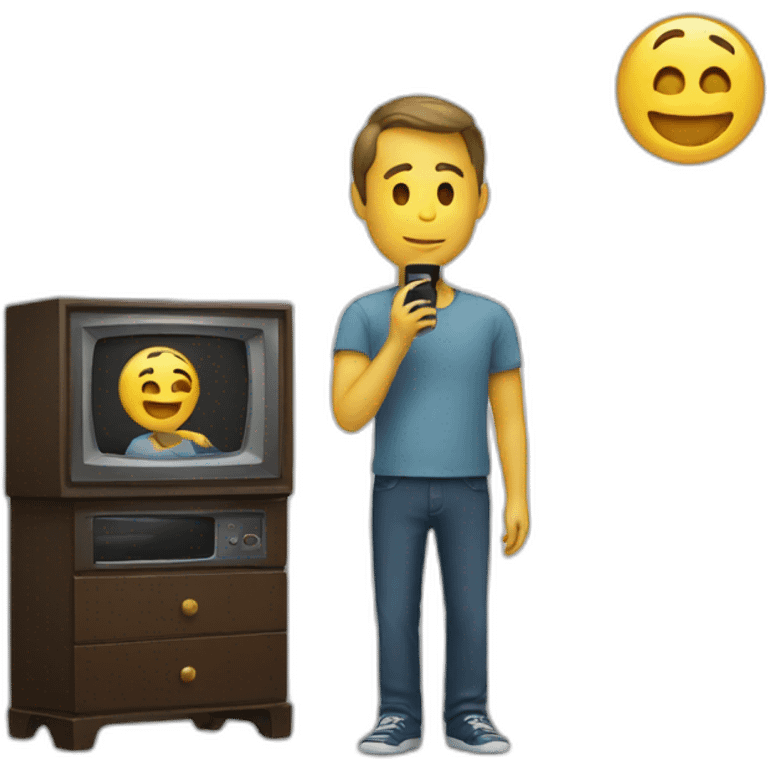 a man looking a phone in front of a television emoji