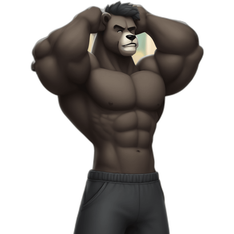 Humanoid muscular tall male fuzzy pitch-black colored black bear, flexing, closed eyes, topless, white sweatpants, upper body shot emoji