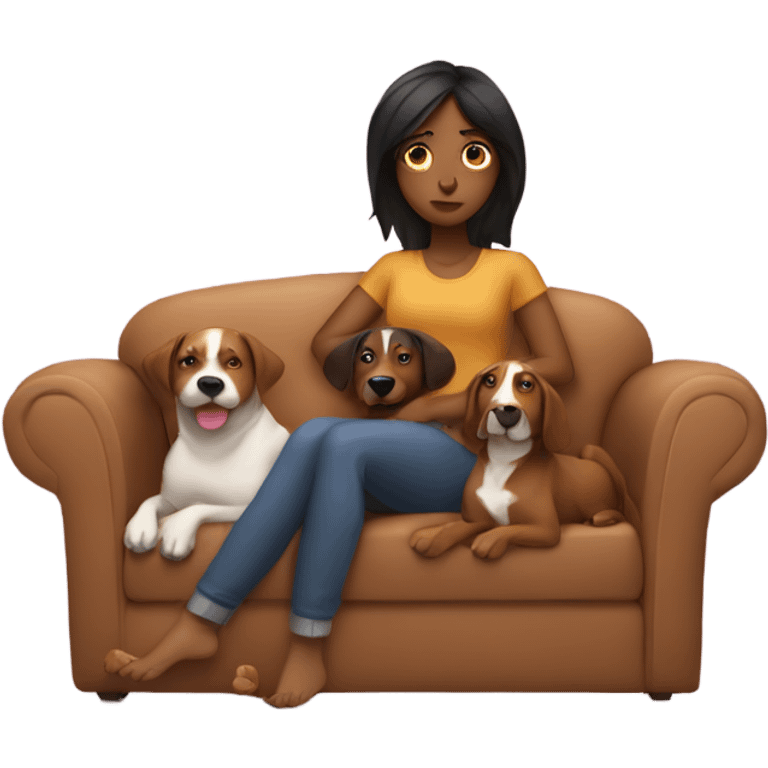 Brown girl being lazy on a sofa with three dogs next to her emoji