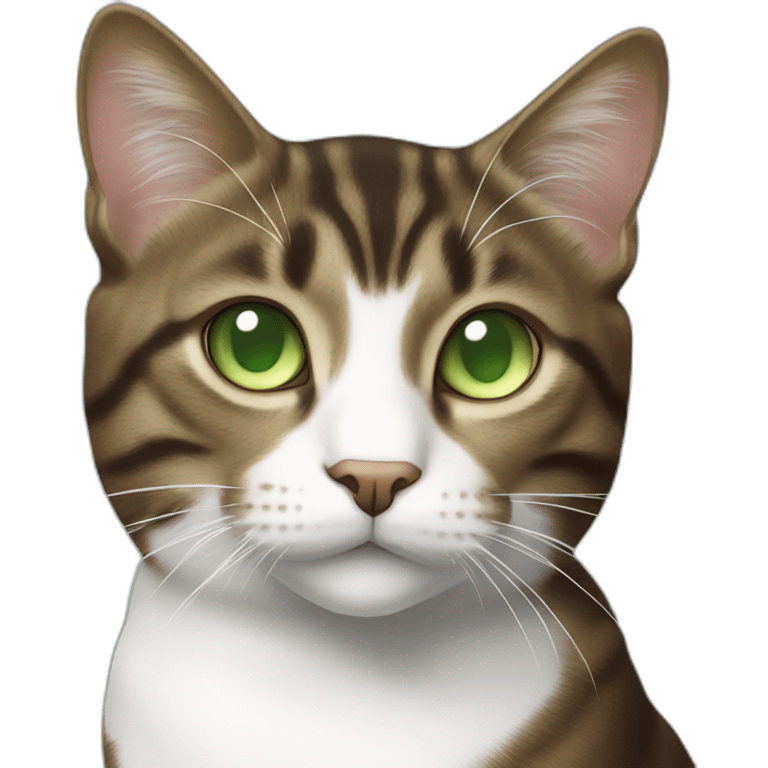 Dark Brown and white tabby cat with light green eyes emoji