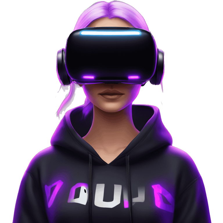 Russian girl wearing black hoody with violet letters "OMG", in vr headset oculus quest2. Standing like jedi. Cyberpunk style. Violet neon. emoji