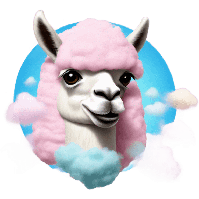 A llama in a spaceship, floating through a cloud of cotton candy emoji