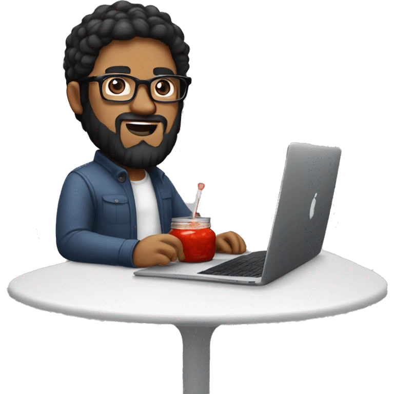 Designer with black hair, white skin, beard and glasses working with MacBook and ketchup emoji