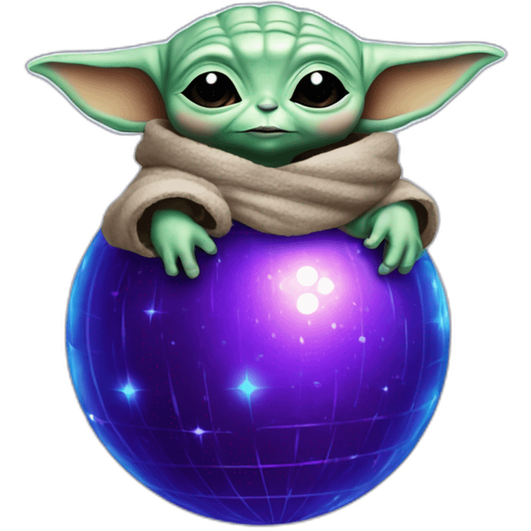 Baby yoda hugging a blue and purple disco ball emoji