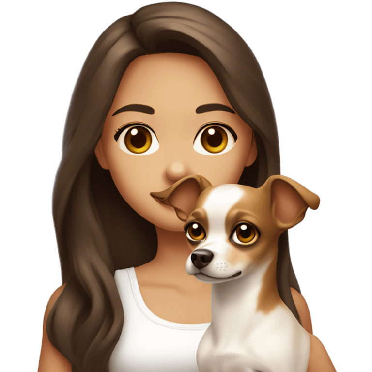 A girl with long brown hair, big brown eyes, very big lips wearing a white singlet top, she is holding a chihuahua that is completely light yellow  emoji