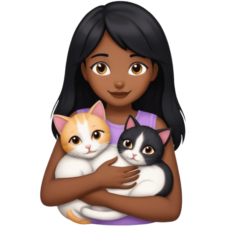 happy black haired girl hugging 3 cats  emoji