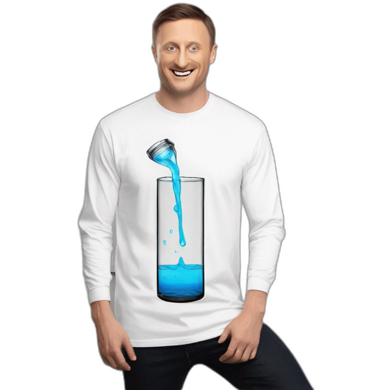 tim robinson dark black slicked back hair white long sleeve t-shirt pouring water from glass onto steak emoji