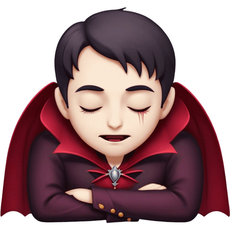 Meme-Worthy Cute Sleeping Vampire Portrait Emoji, with a refined, small, pale face softened by closed, serene eyes and a slight, peaceful smile, adorned in miniature elegant dark attire with a hint of fading crimson, simplified yet irresistibly adorable, highly detailed with a soft ethereal outline that captures the drowsy charm of a vampire in quiet nighttime slumber! emoji