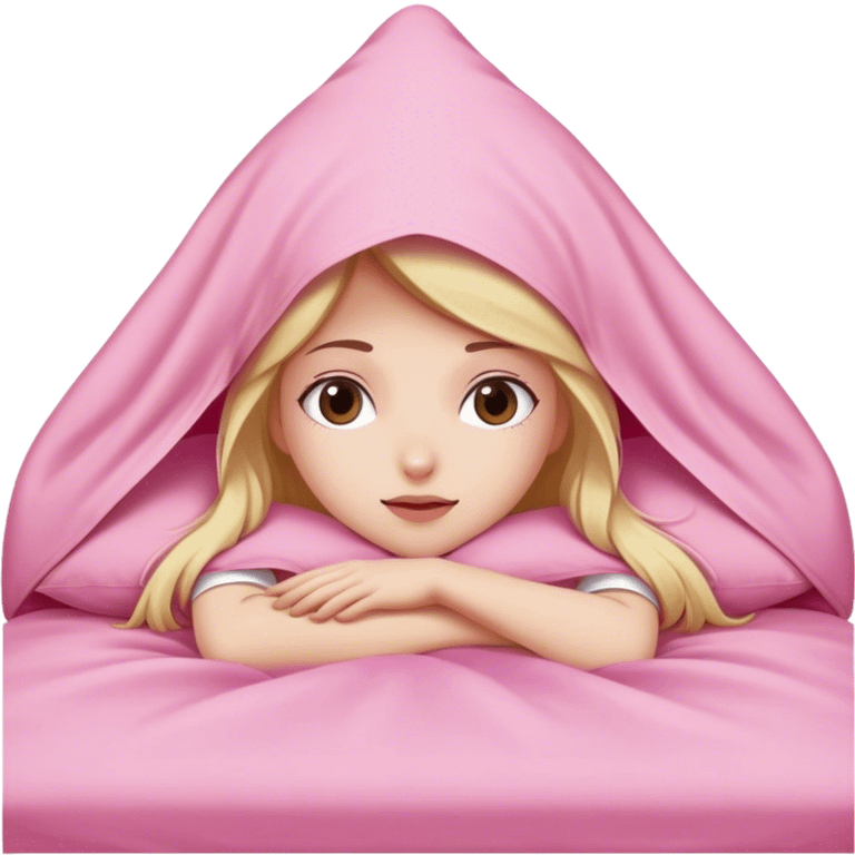 Girl laying on bed with pink covers over head emoji