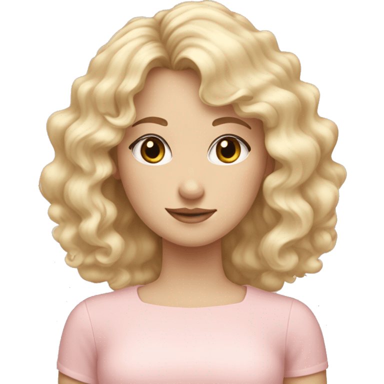 Blonde, pale girl with bangs and curly hair and a pastel pink dress emoji