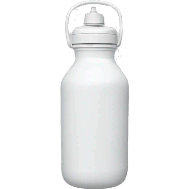 white water bottle with a white lid and a removable white handle strap attached to both sides of the neck emoji