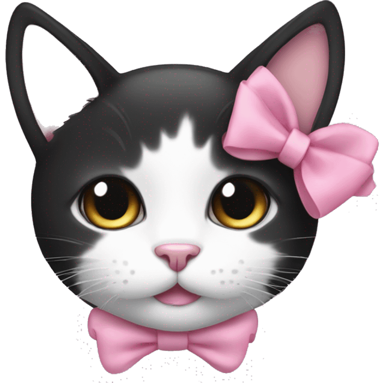 black and white cat with a small pink bow emoji