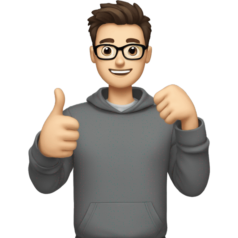 a man with short brown hair, quiff, beard and black round glasses, dark brown eyes, wearing a gray sweatshirt and a professional camera, giving a thumbs up emoji