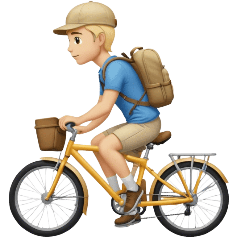 A blond guy in a cap and with a backpack on his back is riding a bike emoji