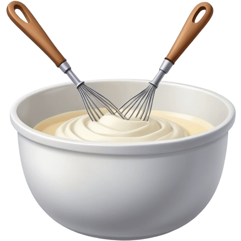 Cinematic Realistic Whisk & Mixing Bowl, a well-used metal whisk resting in a smooth ceramic mixing bowl, light reflecting off the whisk’s polished surface, subtle smears of batter along the rim, glowing with a sense of warmth and creativity. emoji