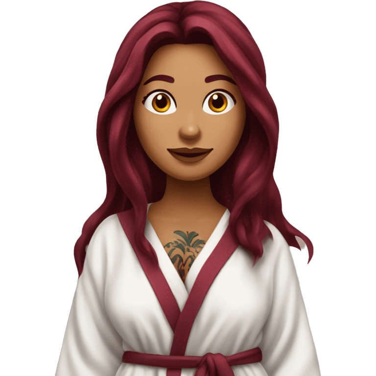 Beautiful tattooed  burgundy long haired woman in bathrobe emoji