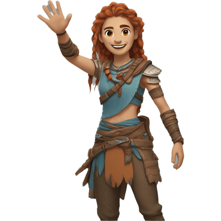 Aloy, waving goodbye, with one hand who has five fingers, half-length, smiling emoji