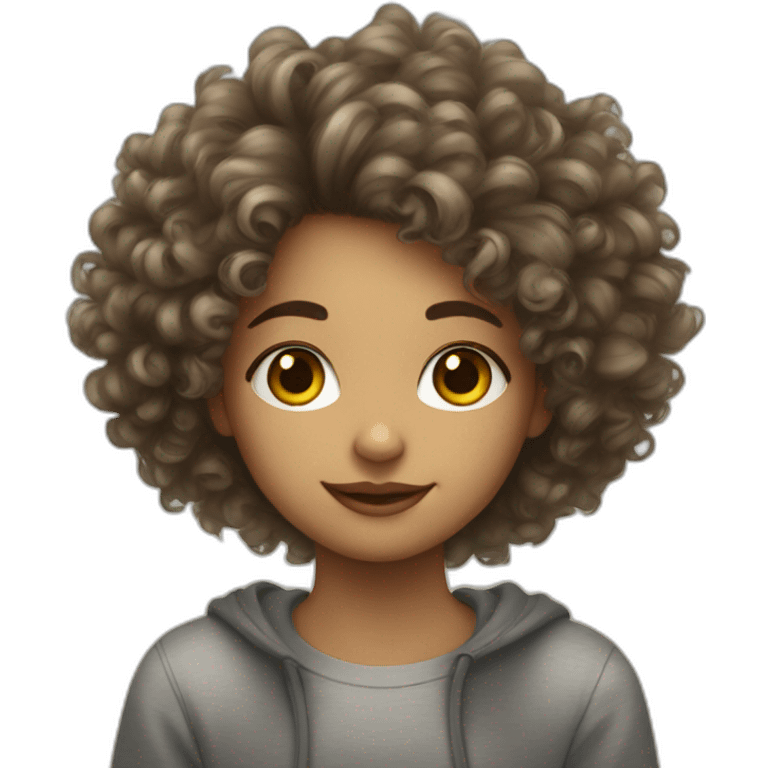 teenage girl with fluffy curly hair draws a picture emoji