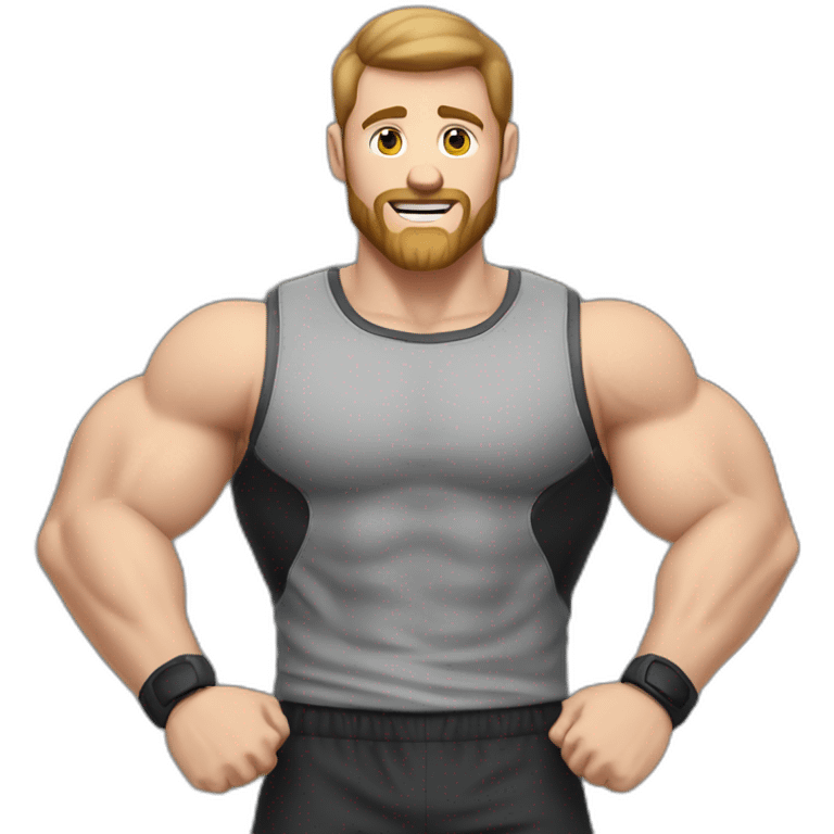 Close up Actively gesturing  with hands Pale skinned Fit Man With the biceps and brown hair in dark gray Sleeveless Mike, black oversize sports shorts, watch and white Sneakers emoji