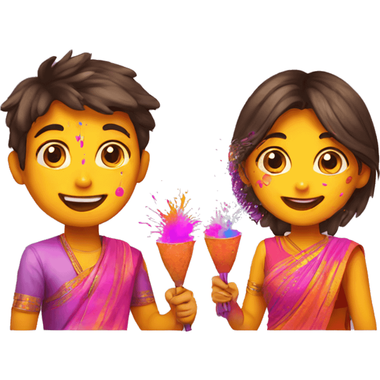 Boy and girl celebrating holi emoji