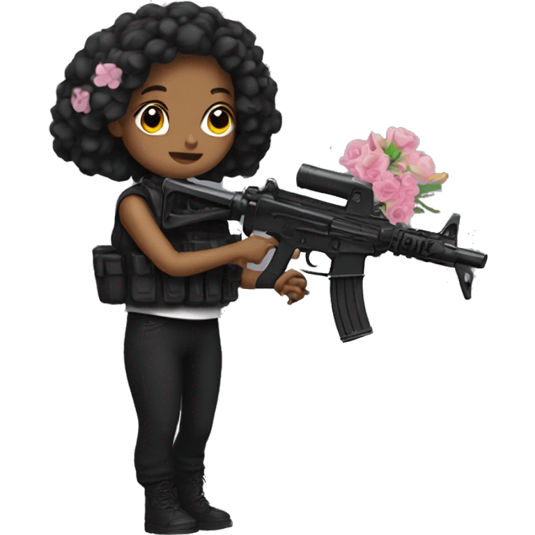 Girl in black, with a machine gun and flowers emoji