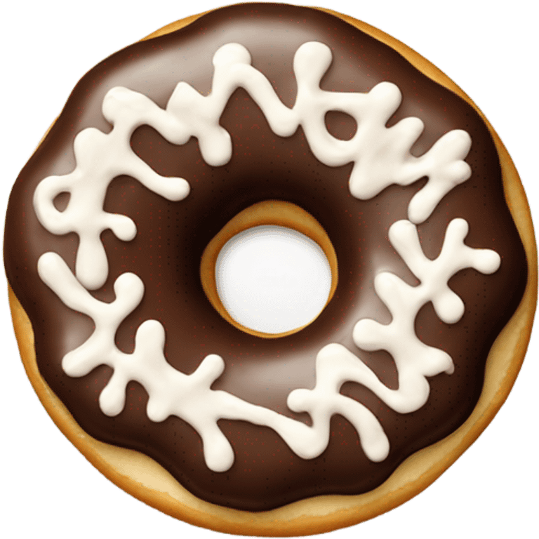 The donut is covered in chocolate and has a white chocolate pattern on top. emoji