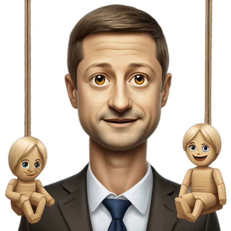 Hyper realistic Vladimir Zelensky pulls the strings of a wooden doll emoji