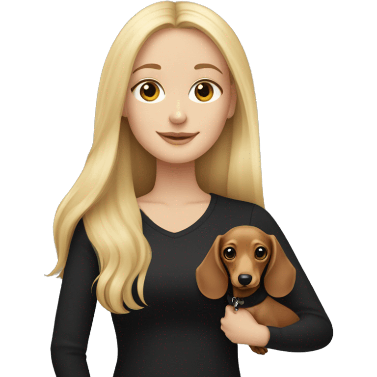 Blonde white girl wearing a black shirt holding a light colored long haired dachshund  emoji