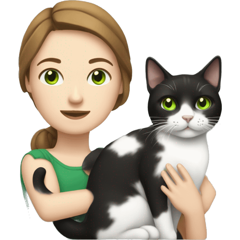 Black and white cat with female owner with brown hair and green eyes emoji