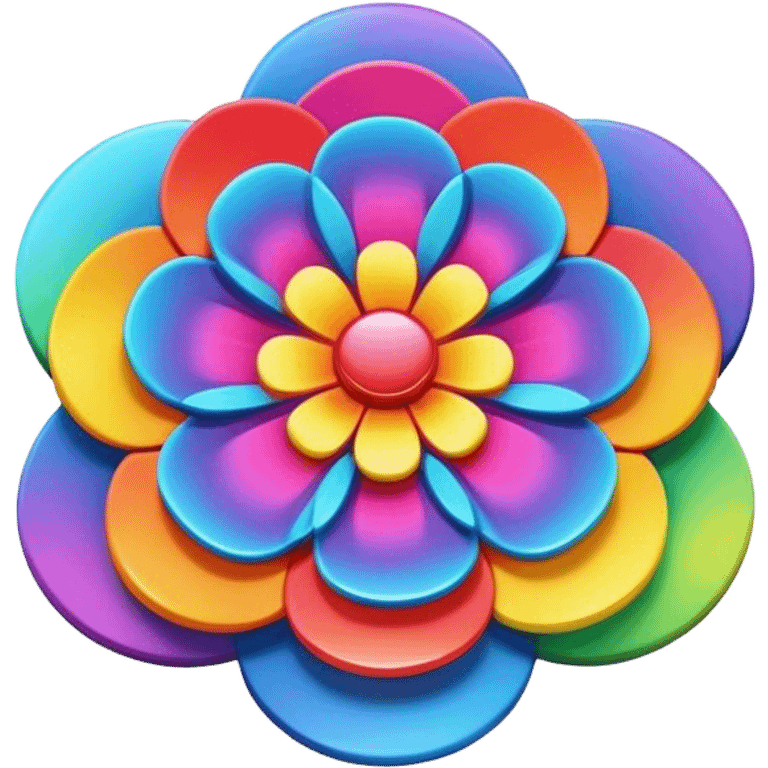 A round psychedelic colored button with bezeled edges and a rainbow colored 3D style flower in the center emoji