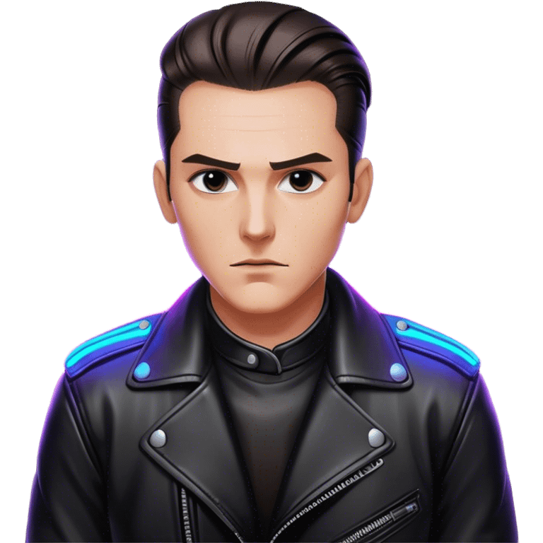 A lone biker with slicked-back hair, wearing a leather jacket, his face partially lit by neon lights emoji