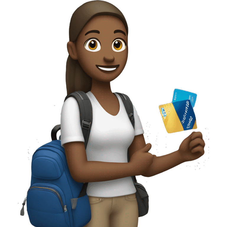 White skin tone student holding visa bank card, other hand holding backpack emoji