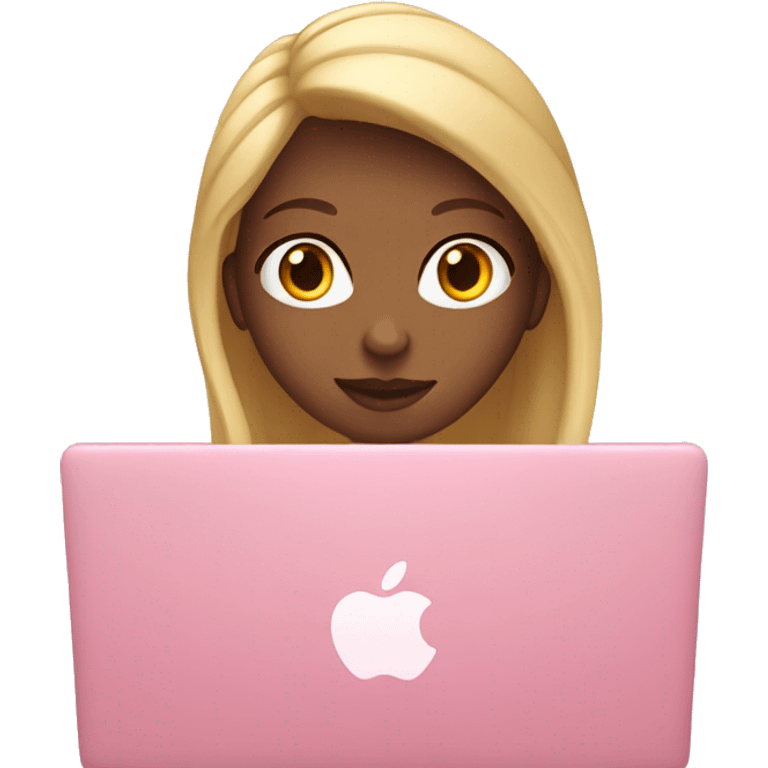 Girl with blond long  hair and  typing on pink MacBook  emoji