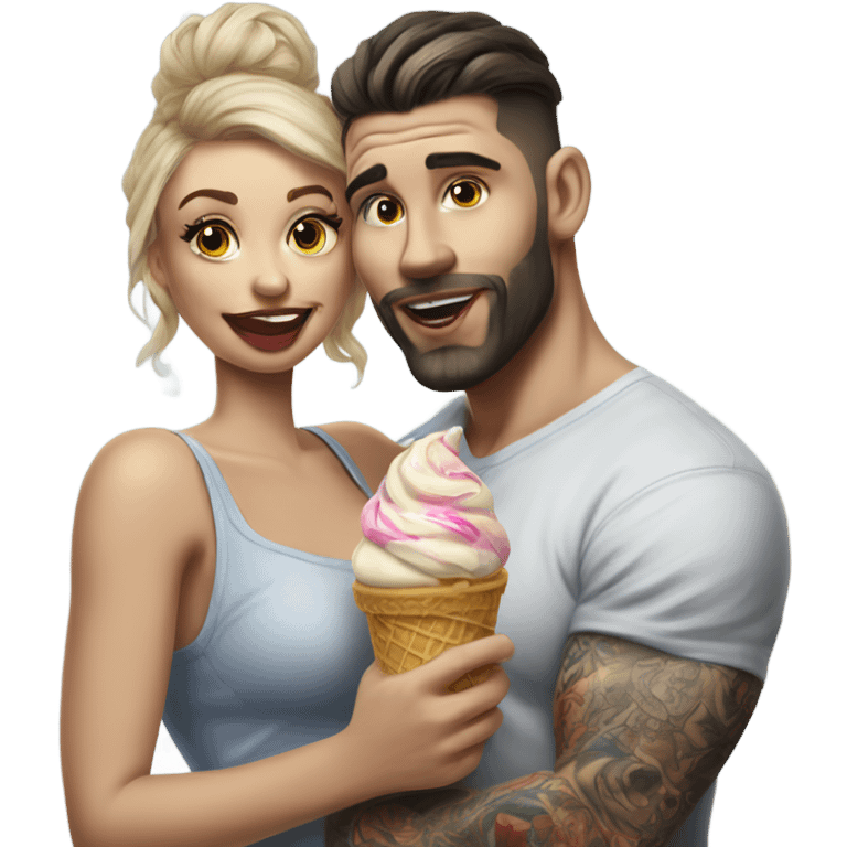 Hyper Realistic beautiful woman in the arms of a very handsome tattooed man eating ice cream  emoji