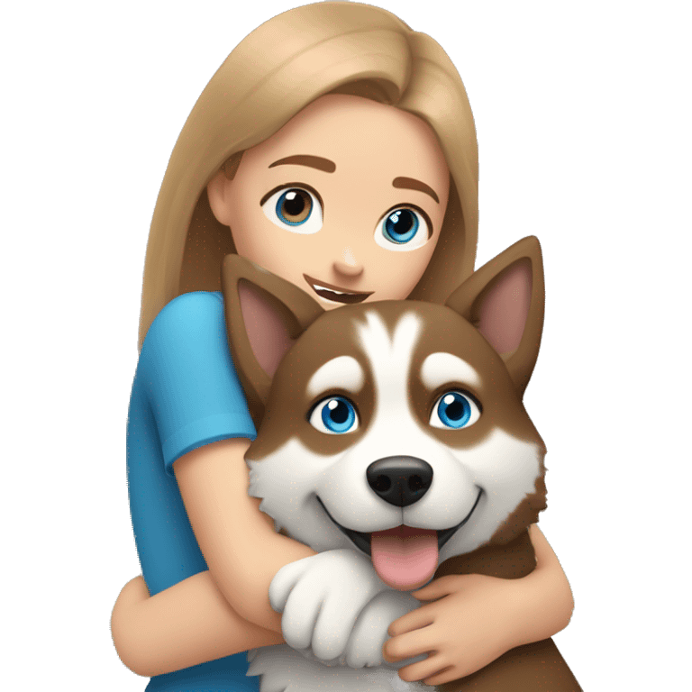 a girl with blue eyes and light-brown hair hugs a husky dog ​​with brown eyes emoji