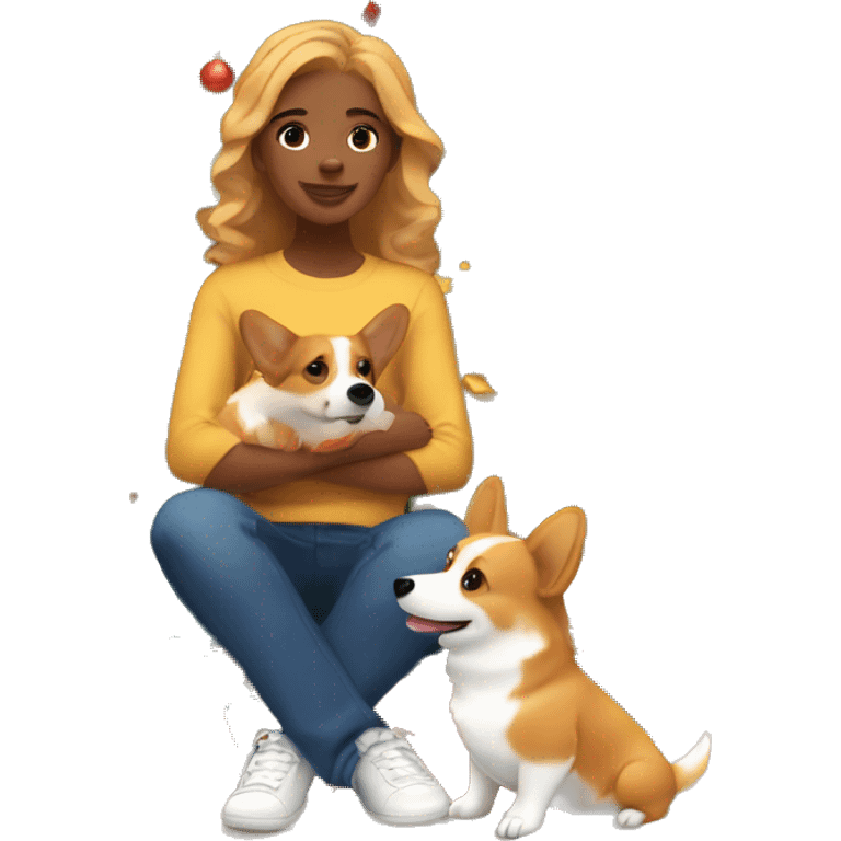 Ginger-blonde haired African American teen playing with corgi in front of Christmas tree emoji