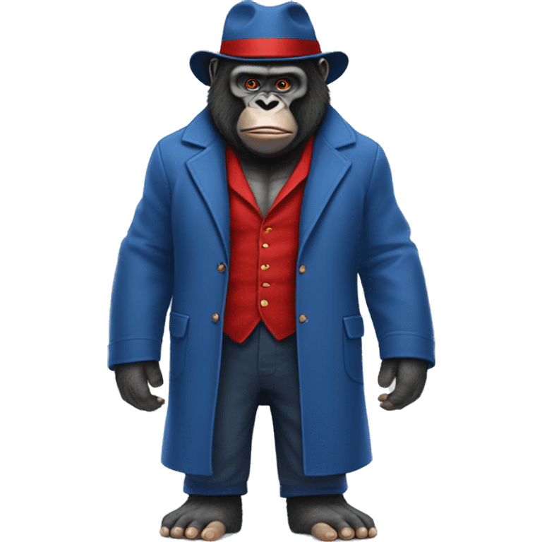 gorilla in paddington bear's  blue overcoat clothes and red hat, full body musular  emoji