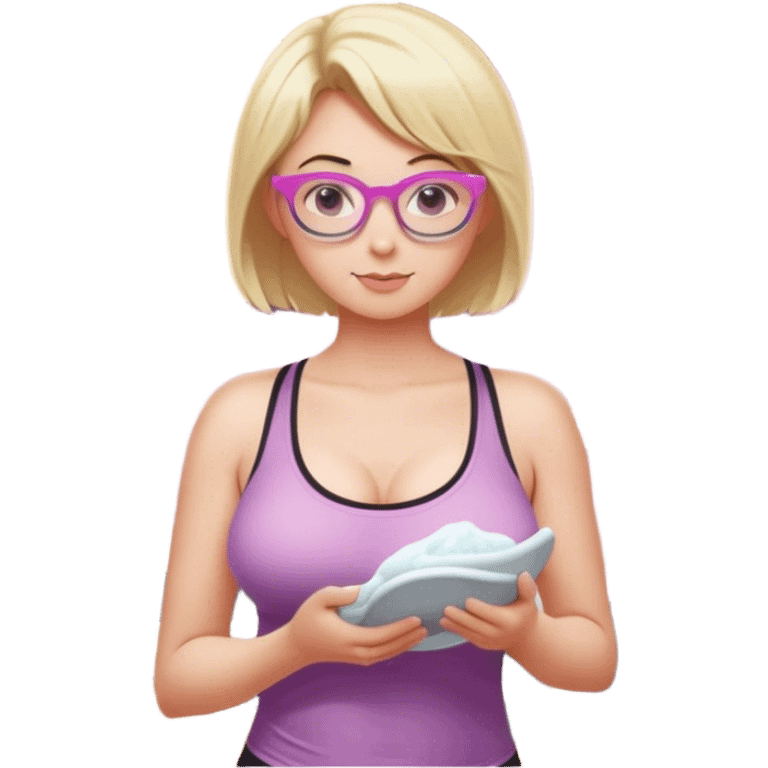 Thick fair skinned woman, short blond hair, small light purple reading glasses, washing dishes, sheer pink tank top, showing natural B cup breast shape SFW, black yoga pants, thick booty emoji