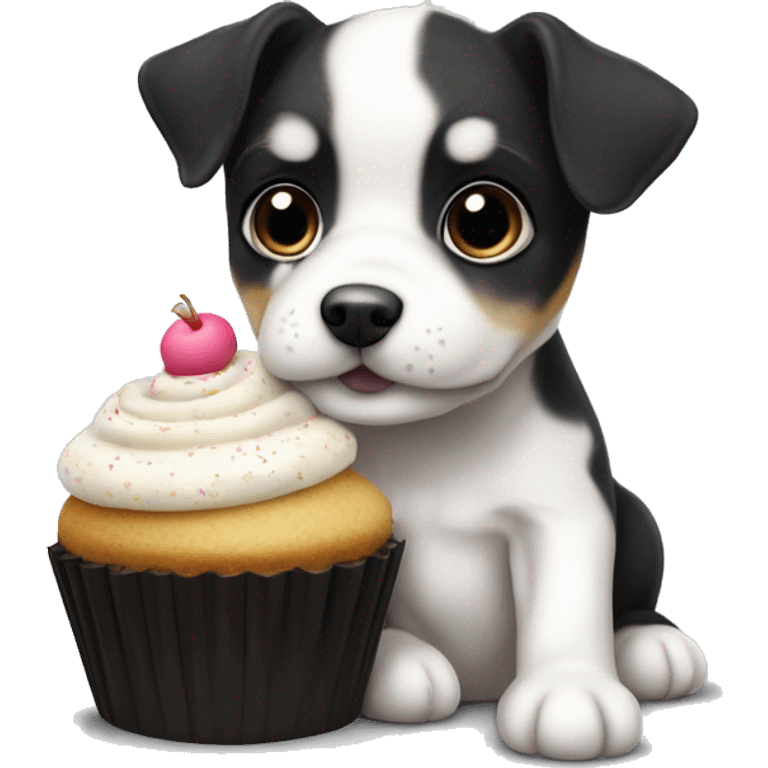 Cute big eyed Black and white teddy Roosevelt terrier puppy (no brown) eating a cupcake emoji