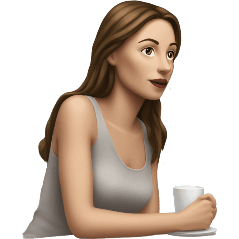 Side view realistic posh brown straight haired pale woman sits at the coffee table emoji