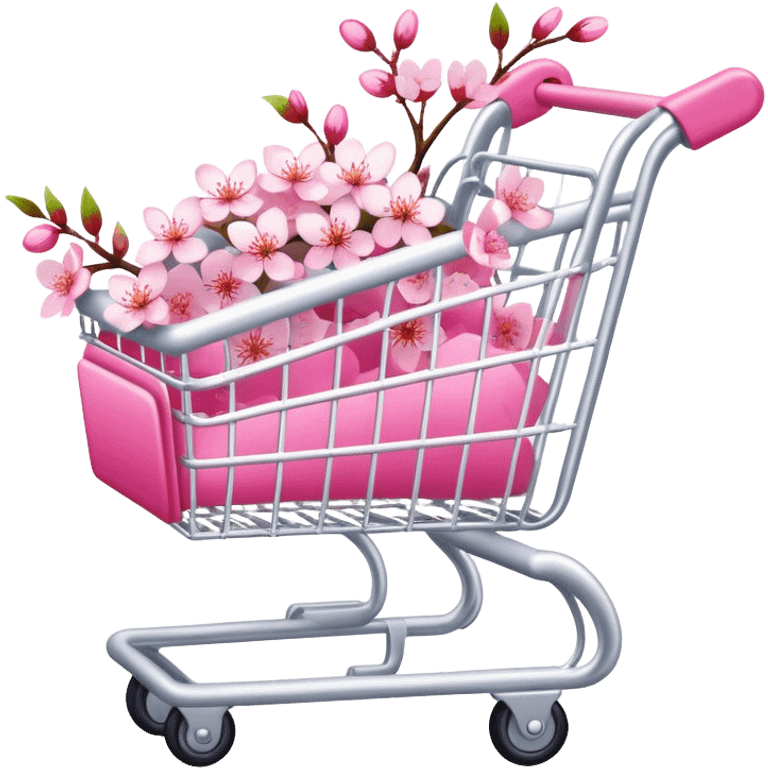 White shopping cart wrapped with pink cherry blossoms emoji