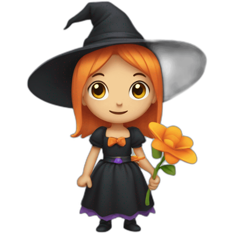 a cute little witch with a flower in her hand. emoji