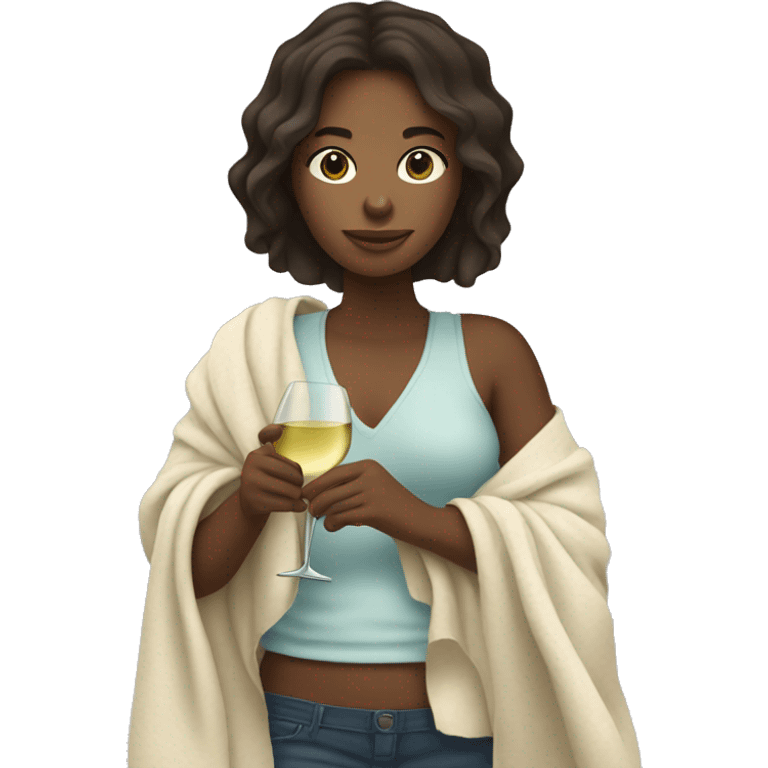 brunette girl with blankets holding a bottle of white wine  emoji