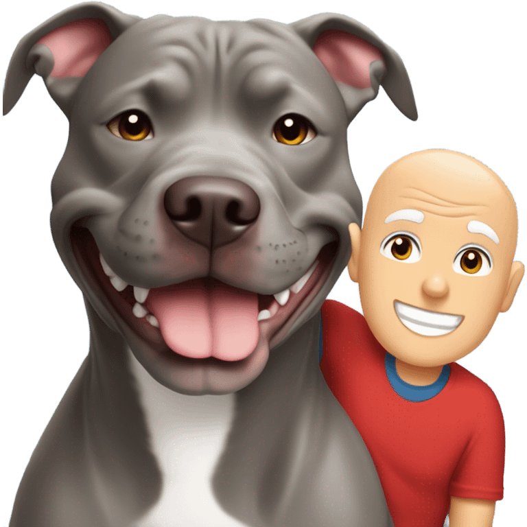 large gray male pit bull smiling and hugging bald white mature man no beard blue eyes with red tshirt emoji