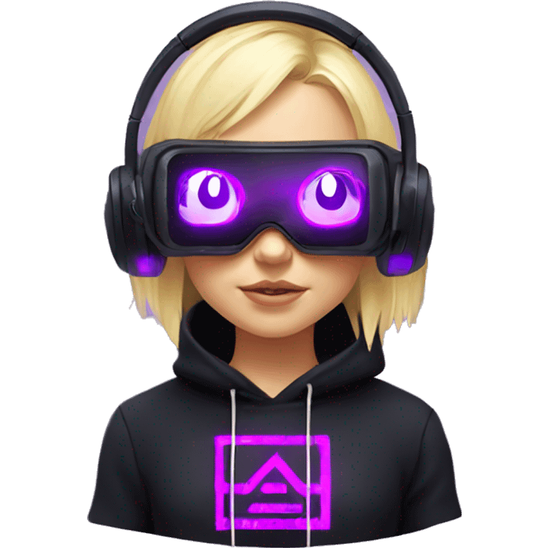 Russian cute blond girl wearing black hoody with violet letters "OMG", in vr headset. Cyberpunk style. Violet neon. emoji