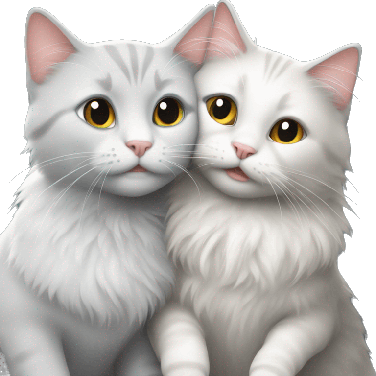 A grey short haired cat and a white long haired cat hugging emoji