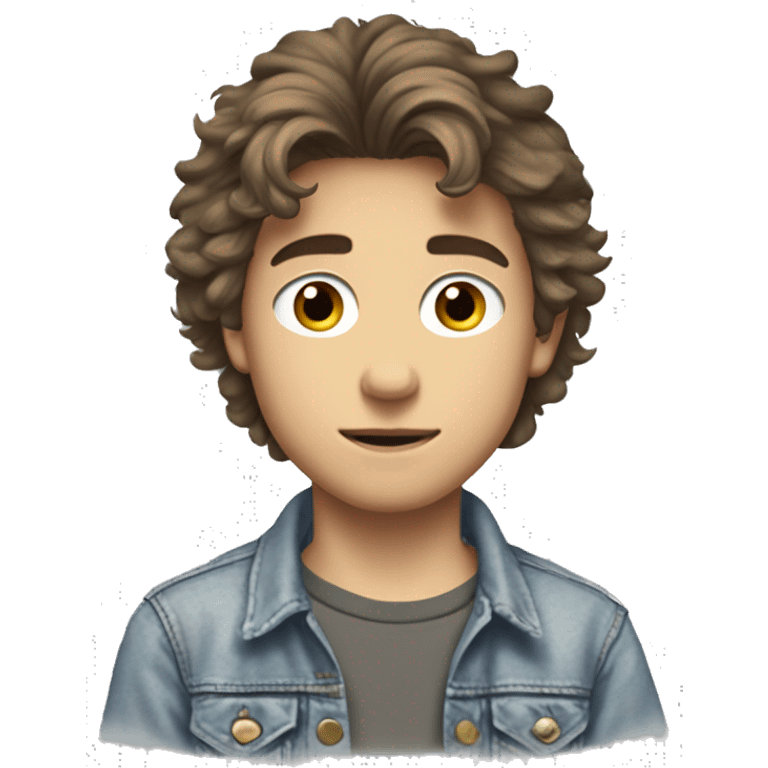 17-year-old boy in the 1980s, messy brown hair, grey eyes, lean build, wearing a faded denim jacket over a band t-shirt, with a slightly scruffy look and pensive expression.  emoji